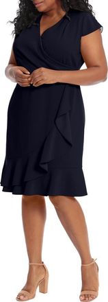 London Times Pleated Flounce Faux Wrap Dress in Navy at Nordstrom Rack, Size 16W