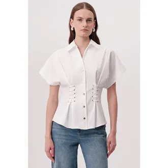 Exquise Mollie Shirt Collar Front Tie Fitted Shirt in Ecru at Nordstrom, Size X-Large