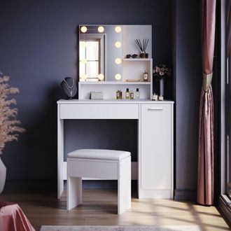 Elegant Lighting Elegant - Dressing Table, Vanity Makeup Desk Set with Adjustable 3 Color led Lights, Closed Storage and Stool