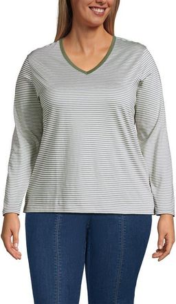 Lands End Supima Cotton Long Sleeve V-Neck T-Shirt in Sage Micro Stripe at Nordstrom, Size 1X