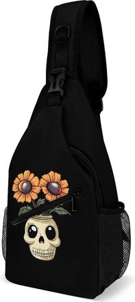 Generic Halloween Skull Flowerpot with Eyed Flowers Mens Crossbody Chest Sling Bag for Travel Hiking Lightweight Shoulder Bags with Small Side
