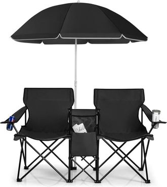 Costway Costway Sillas De Camping Con Sombrilla Silla Plegable Taburete De Pesca Doble Con Portavasos Para Exterior Picnic Senderismo Barbacoa (negro)