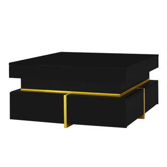 Urban Meuble Mesa de centro negro brillante 2 cajones detalles dorados