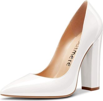 Castamere Womens Sky Block Heel Pumps Pointed Toe Slip-On Court Shoes 4.7 Inch Heeled White Patent Pumps UK 3.5