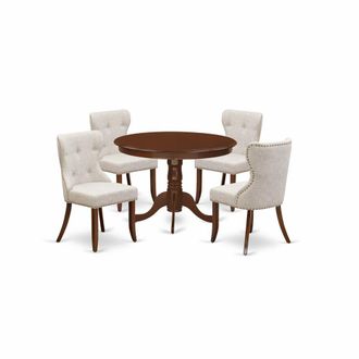 East West Furniture A dining room table set of 4 wonderful dining chairs using Linen Fabric Doeskin color and an attractive dinner table
