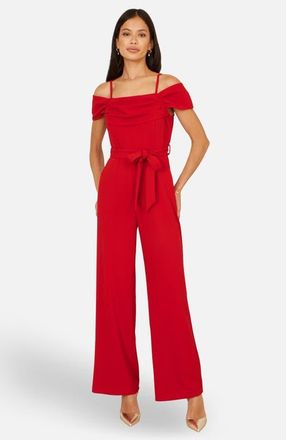 Yumi Draped Bardot Wide-Leg Self-Tie Jumpsuit in Red at Nordstrom, Size 10