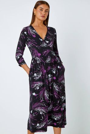 Roman Abstract Print Wrap Midi Stretch Dress
