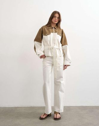 Topshop Giacca in denim bicolore &eacute;cru e marrone-Bianco