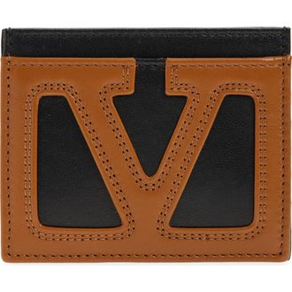 Valentino Garavani Viva Superstar Leather Card Holder in Black/Tan at Nordstrom