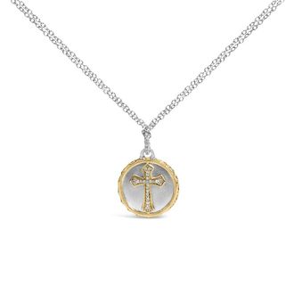 House of Brilliance 14K Yellow Gold Plated Sterling Silver 1/10 Cttw Diamond Cross Medallion Pendant Necklace