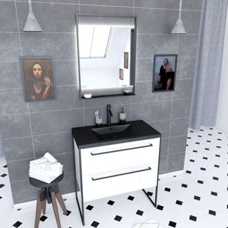 Aurlane Aurlane - Pack Mueble Ba&ntilde;o 80x50 Cm Blanco - 2 Cajones - Lavabo Negro Piedra - Espejo