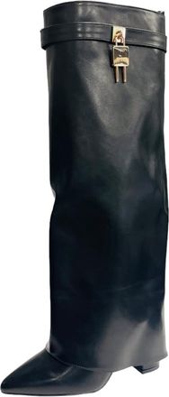 Generic Womens Faux Leather Kneel High Fold Over Block Heel Boots Zip Fashion Shoes (Black, UK Footwear Size System, Adult, Women, Numeric, Medium, 6.5)