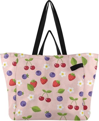 Generic Berries Flowers Pink pattern Reusable Canvas Tote Bag, Heavy Duty Grocery Shopping Bag with Large Capacity Hard Bottom Double Handles Work Groceries T