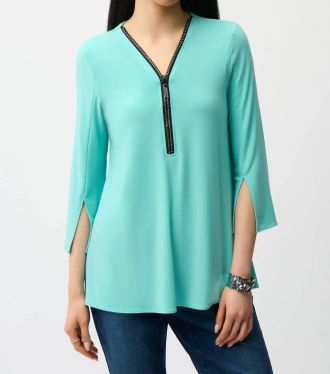 Joseph Ribkoff Embellished Half Zip Tunic Top In Seafoam