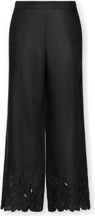 Elena Miro Linnen Broek met Geborduurde Randen - Dames - Wijde Broeken - Zwart - 4XL - Linnen - Broeken