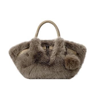 Generic Plush bag Plush Bag Bucket Handbag Folded Ball Shoulder Crossbody Small Size Polyester Lining Magnetic(Coffee)