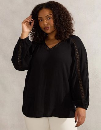 Live Unlimited London Womens Black Crinkle Crochet Insert Blouse - Size: 16