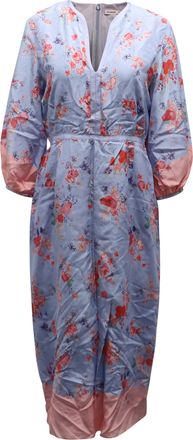 VILSHENKO Floral Printed Long Sleeve Dress in Blue Silk