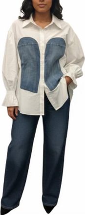 Gracia Button Down Shirt With Smock Cuffs In White/denim