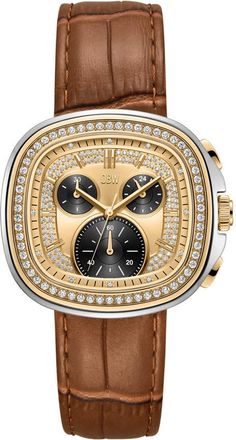 JBW Coast Leather Chronograph GMT Quartz Diamond Gold Dial Mens Watch J6415B