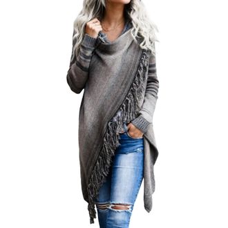 Generic Womens Boho Style Open Front Cardigan Speckled Knit Fringe Tassels Loose Crew Neck Sweater Light Stripe Medium