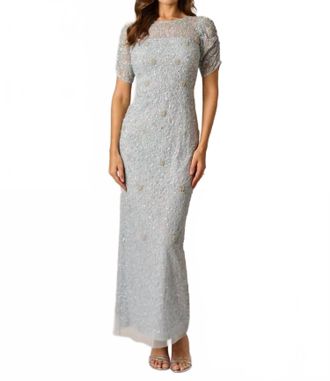 Adrianna Papell Elbow Sleeve Bead Dress In Glacier