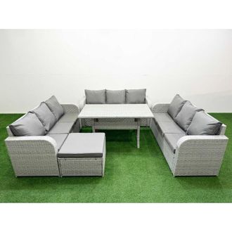Fimous Pe Rattan Lounge Sofa Set 10 Seater Outdoor Garden Furniture Set with Rectangular Dining Table 3 Seater Sofa Big Footstool 2 Side Table Light Grey