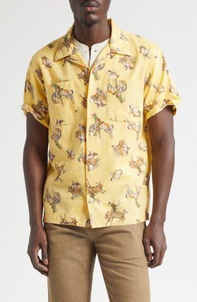 Ralph Lauren Western Print Linen & Cotton Blend Camp Shirt in Yellow Multi at Nordstrom, Size Medium