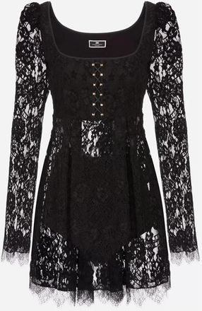 Elisabetta Franchi Kanten Mini Jurk met Lange Mouwen - Dames - Korte kleedjes - Zwart - L - Kleedjes