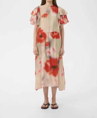 Inwear Reagan Ruffle Midi Dress In Large Blurried Poppies Green