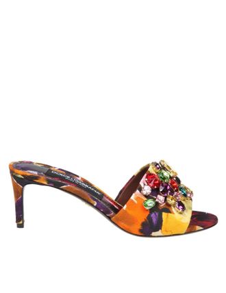 Dolce & Gabbana Slippers In Brocade Fabric With Colored Stones