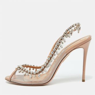 Aquazzura Beige Leather And Pvc Crystal Temptation Slingback Sandals