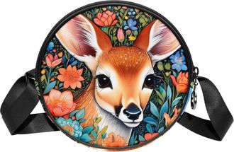 Generic Circle Crossbody Bag for Women, Color Drawing Deer Small Sling Bag Daypack with Zipper Adjustable Shoulder Straps Casual Ladies Girls Round Purse