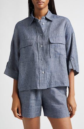 Eleventy Linen Blend Button-Up Shirt in 11 Blue at Nordstrom, Size 10 Us