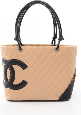 Chanel Beige Black Leather Handbag Tote Bag (Pre-Owned)