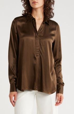 Elie Tahari Long Sleeve Satin Button-Up Shirt in Chocolate at Nordstrom Rack, Size X-Small