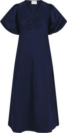 Neo Noir Elegante Poplin Jurk met Gedrapeerde Details - Dames - Maxi kleedjes - Blauw - S - Katoen - Kleedjes