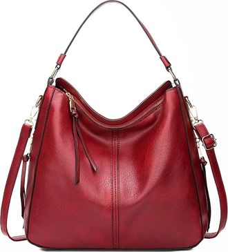 Generic Hobo Bag Leather Women Handbags Female Leisure Shoulder Bags Fashion Purses Vintage Bolsas Large Capacity Tote(Red)