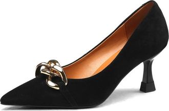 TinaCus Womens Pointed Toe Suede Leather Handmade Mid Heels Elegant Pumps Shoes with Chain Decor, Black, 4.5 UK