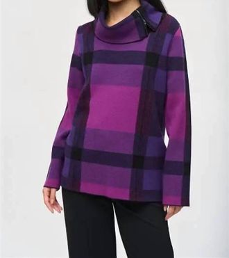 Joseph Ribkoff Plaid Jacquard Cowl Neck Sweater In Empress Mystic Black