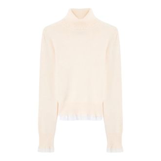 Ganni Dolcevita in lana merino con dettagli in pizzo - - Knitwear - Donna - Beige - XS