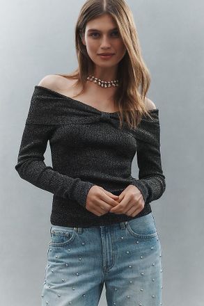 Central Park West Off-Shoulder Ribbed Lurex Sweater