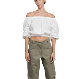 Acacia Cori Poplin Off-Shoulder Top In White Old Cream