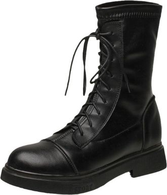 Generic Womens Lace Up Mid Calf Boots Round Toe Low Chunky Heel PU Leather Combat Boots Comfortable Non Slip Durable Fashionable for Daily Street Outdoor Wear