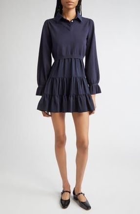 Cinq &agrave; Sept Luciana Long Sleeve Tiered Shirtdress in Navy at Nordstrom Rack, Size X-Small
