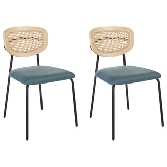 Beliani Conjunto De 2 Sillas De Comedor Modernas Trenza Vienesa Respaldo De Rat&aacute;n Asiento De Poli&eacute;ster Patas Negras Sin Reposabrazos Azul Mayetta