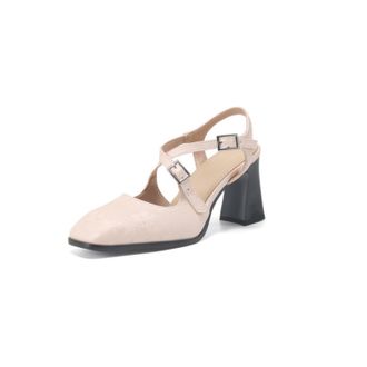 Generic Womens Square Toe Slingback Pumps Chunky Heel Double Ankle Strap Jacquard Fabric Cushioned Insole Comfortable Retro Style Dress Shoes for Daily Wear,P