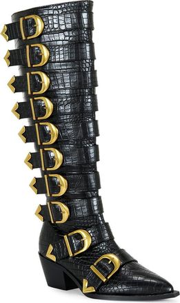 Azalea Wang Graziana Knee High Buckle Boot in Black at Nordstrom, Size 7.5