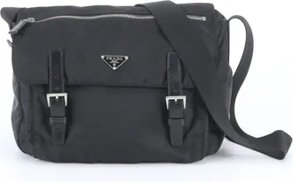 Prada Black Nylon Leather Messenger Bag Shoulder Bag (Pre-Owned)