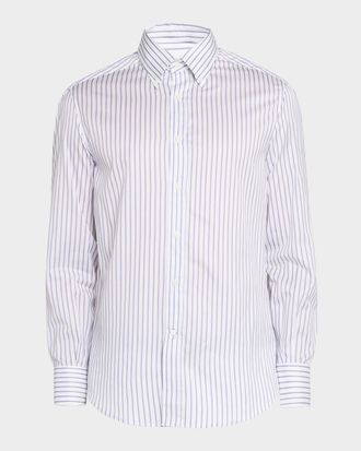 Brunello Cucinelli Mens Stripe Cotton Slim-Fit Button-Down Shirt